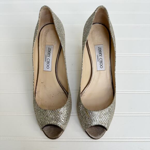 Jimmy Choo Isabel Champagne Glitter Peep Toe Pumps 38.5 Bridal Wedding Heel - Picture 2 of 12